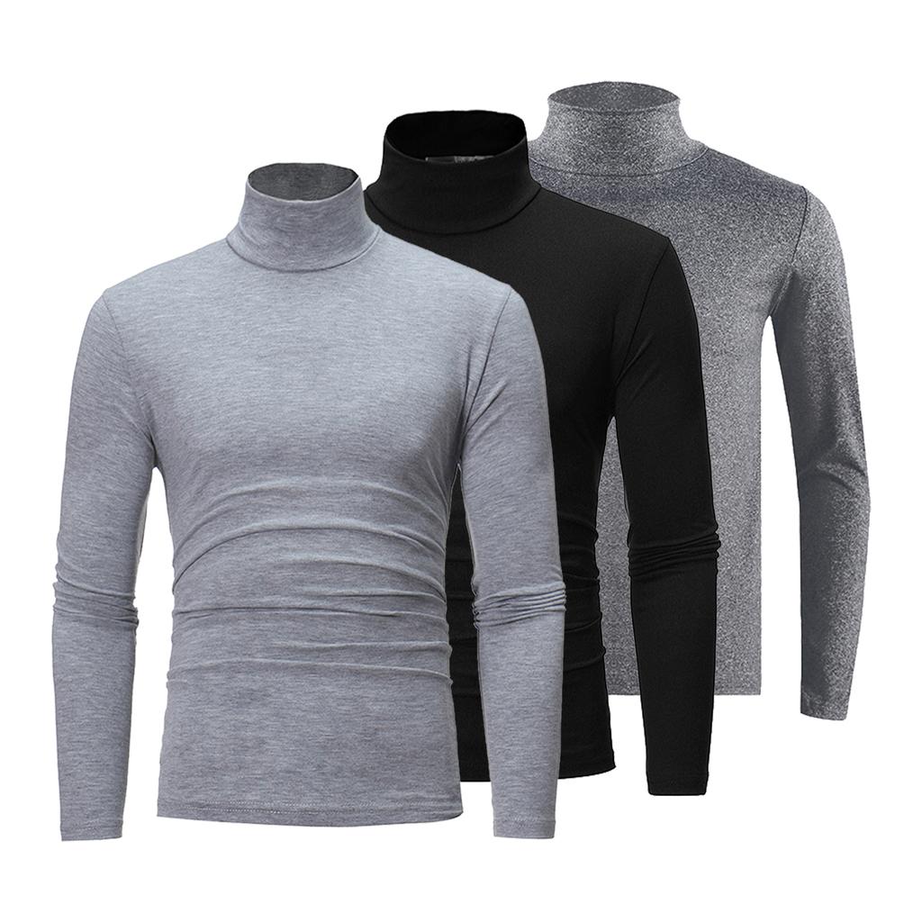 3Pcs Men Casual High Neck Long Sleeve T Shirt Solid Color Slim Fit Pullover Undershirt Thermal Base Layer Set