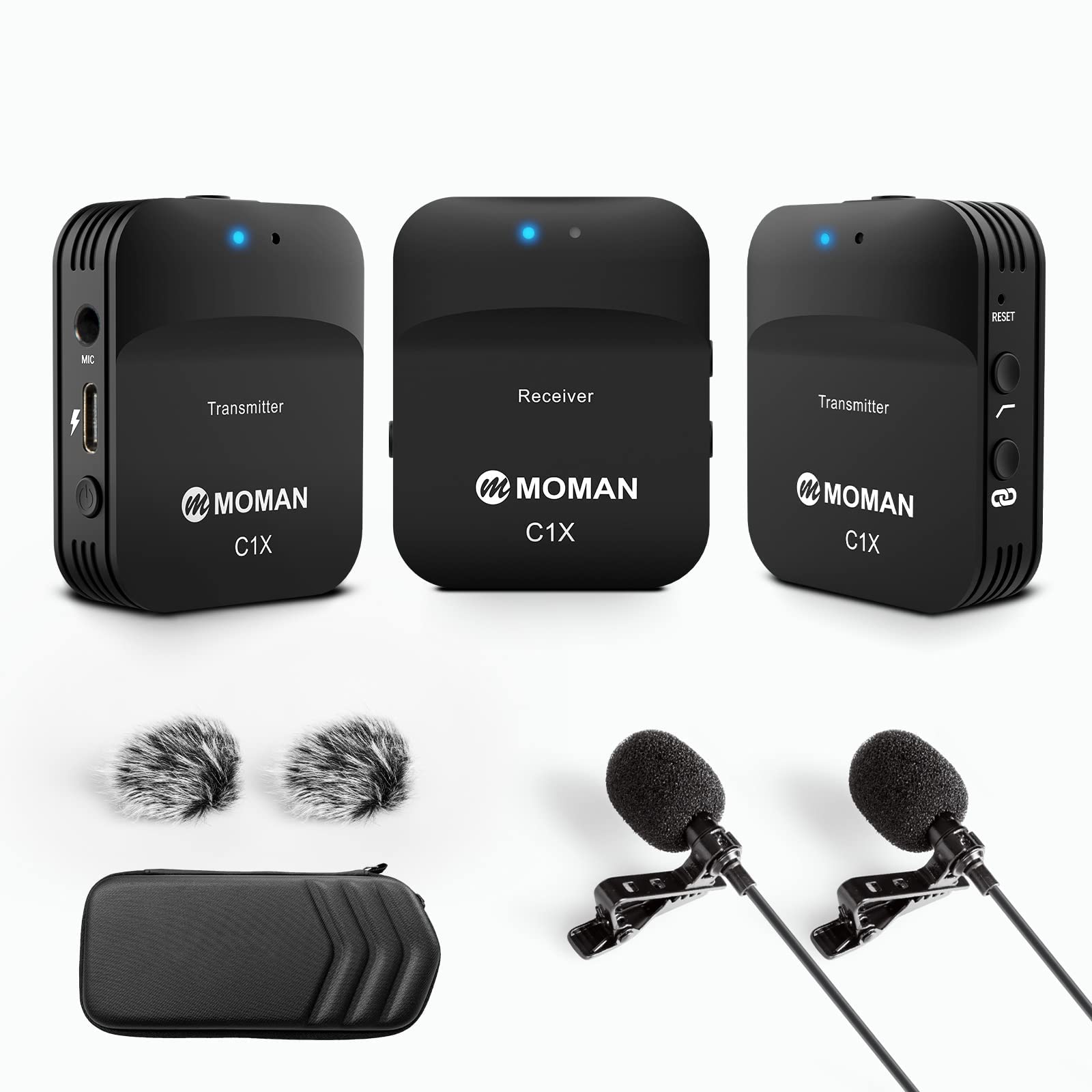 

Wireless pin microphone, Moman C1X Volume adjustment Noise canceling Mute function Wireless microphone system compatible with SLR cameras,