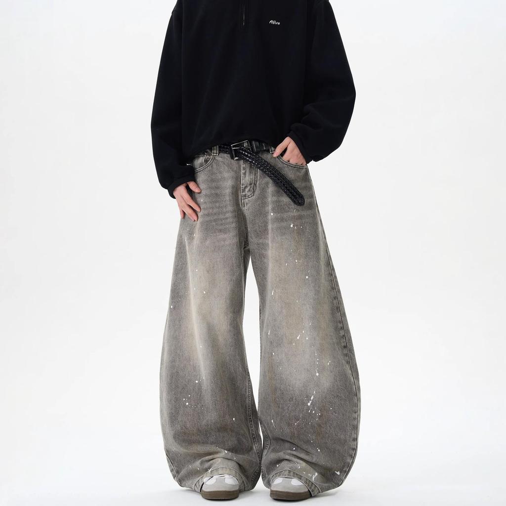 Unisex Retro Distressed Grey Splatter Paint Jeans - American Street Style