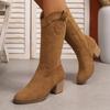 Fashion Retro Mid-Calf Women's Boots Soft Rubber Upper Embroidered Western Tube V-Notch Large Size Autumn Winter Thick Heel Slimming