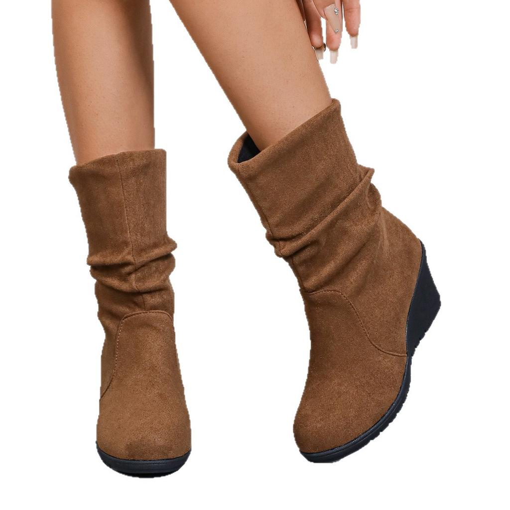 Autumn and Winter Large Size Wedge Heel Folded Boots Women's Thick Bottom Suede Sleeve Women's Boots