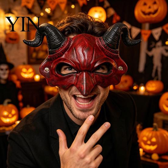 Maschera con Corna Rosse e Nere, Maschera Demone, Accessorio Cosplay Testa di Diavolo per Halloween, Mascherata Stile Vintage Accessorio Costume Horror per Feste, Scherzo di Carnevale