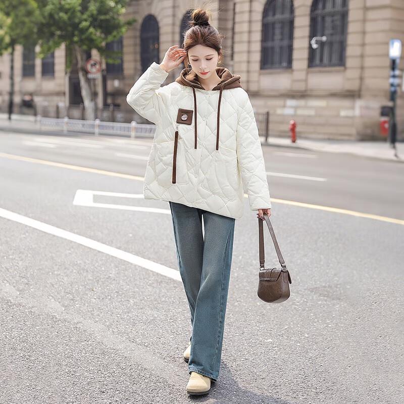 Sisbyshop Women's 90% Down Color Block Hooded Loose Jacket