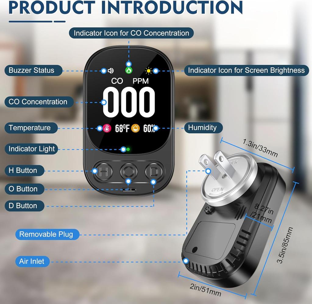 Carbon Monoxide Detectors Plug in, 3-in-1 CO Detector with Temp/Hum Sensor Portable Travel Carbon Monoxide Alarm with 85dB Alarm