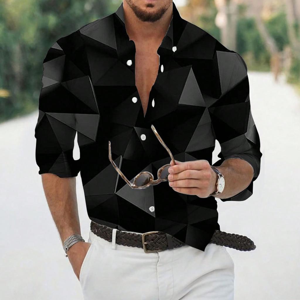 Stylish Men's Geometric Print Long-sleeve Shirt, Versatile for Daily Wear