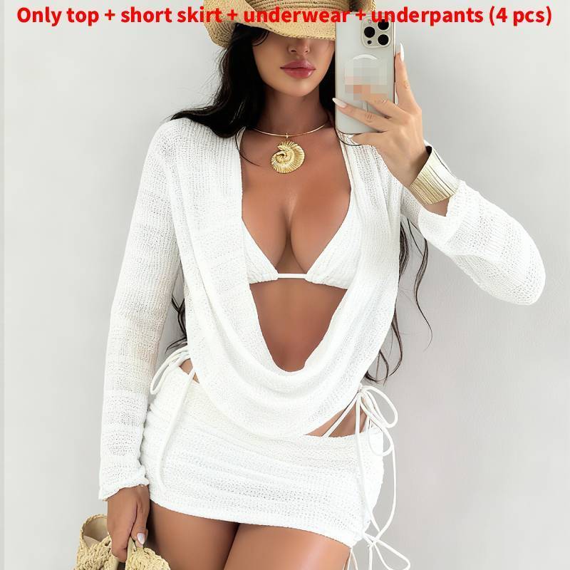 Womens Swimwear Set With Sheer Mesh Long Sleeve Coverup Bikini 4piece For Beach Relaxation