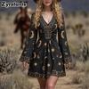 Women's Vintage Floral Long Sleeve Dress Bohemian Style