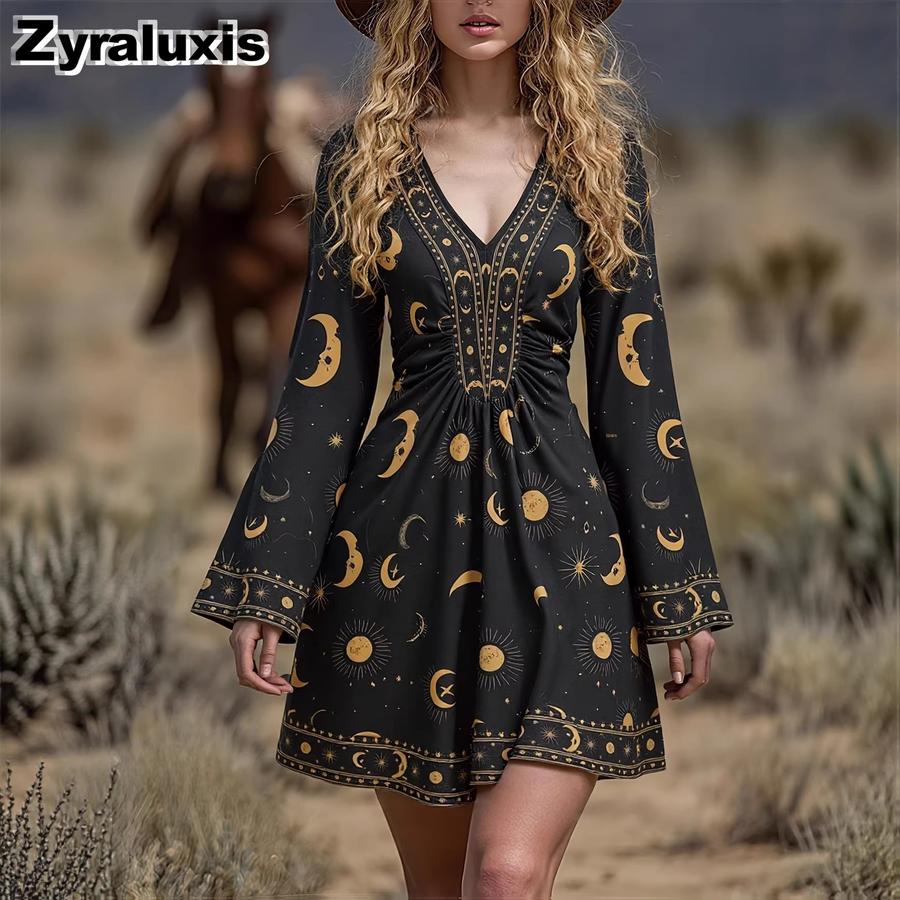 Women's Vintage Floral Long Sleeve Dress Bohemian Style