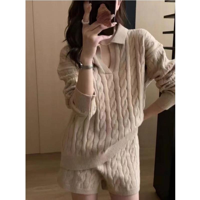 Elegant Fashion Autumn Winter Pullover Women Sweater Knitted Shorts 2 Two Piece Sets Loose Office Outfits Lapel Casual Long Sleeve Tops