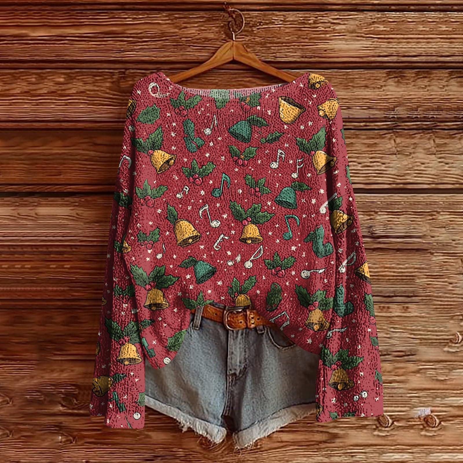 

Женский легкий свитер с рождественским принтом, повседневный вязаный пуловер с длинным рукавом S киноварь