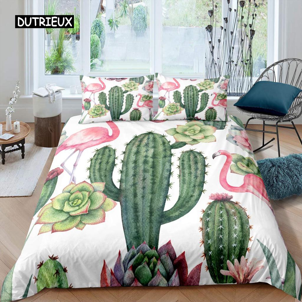 Cactus Duvet Cover Set King Size Hand Painted Style Bedding Set Nature Art Prints Comforter Cover Green Plant Cactus Quilt Cover