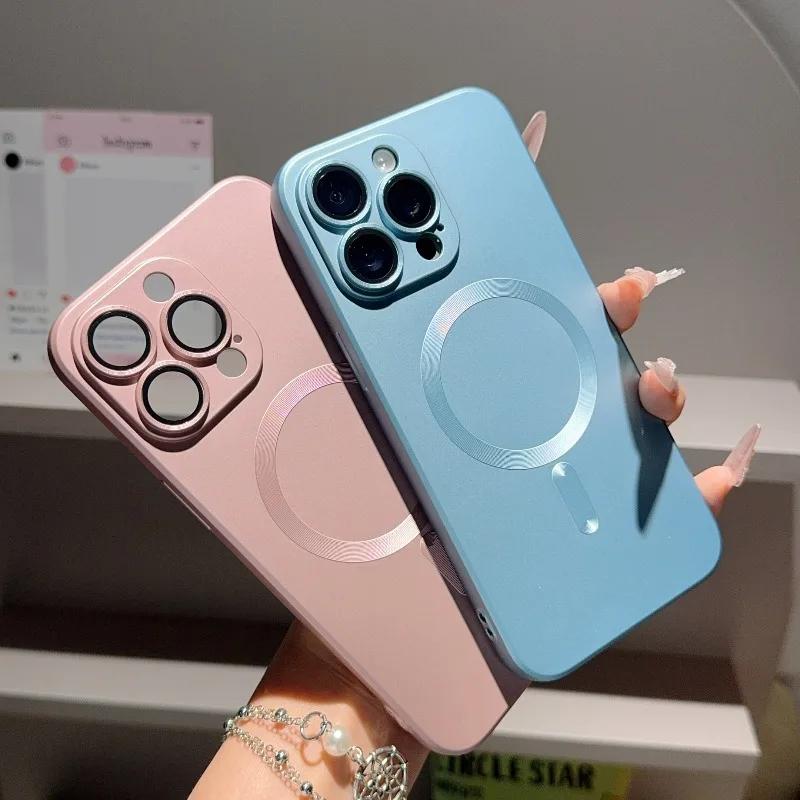 Magnetic Luxury Matte For Magsafe Wireless Charging Case For 18 17 16 15 14 13 Pro Max Glass Lens Protection Soft Cover