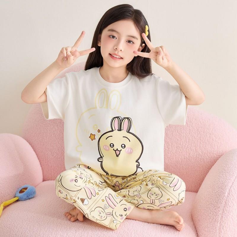Girls Cotton Pajama Set Short Sleeve Long Pants Cartoon Print Sleepwear Kids Ages 4-12