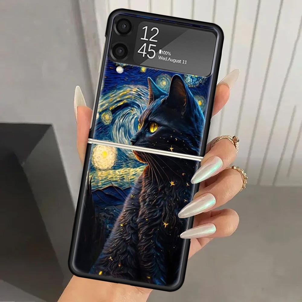 Black Cat Cartoon Cute Hard PC Phone Case For Samsung Galaxy Z Flip 7 6 5 4 3 Black ZFlip7 ZFlip6 Flip5 Flip4 Flip3 5G Print Cov