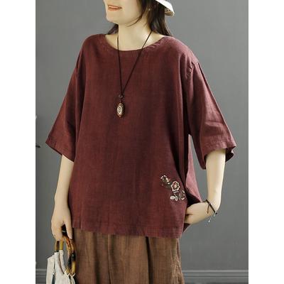 Tricou cu mâneci scurte brodat în stil etnic chinez retro pentru femei, vară, lejer, cu gât rotund
