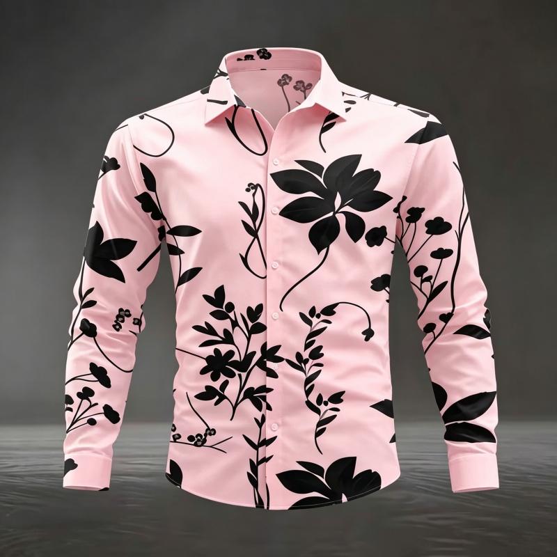 Herren Floral Leaf Print Langarmhemd Mode Slim Fit Button-Down Lässige Blusen Tops
