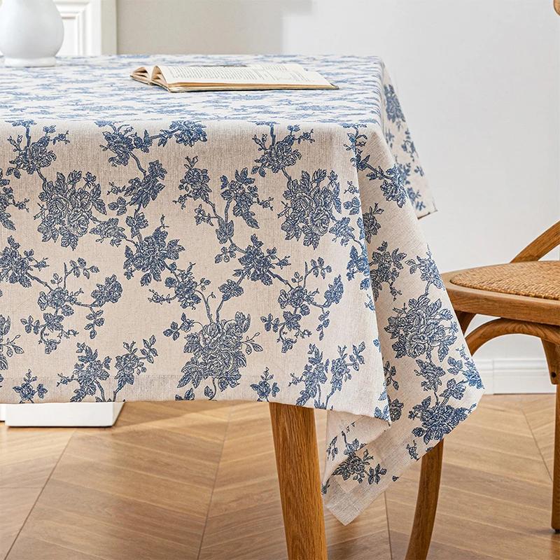 Blue Tablecloths Bohemian Floral Fabric Tassel Rectangle Dust-Proof for Home Decoration Kitchen Holiday Party Dining Table Cover