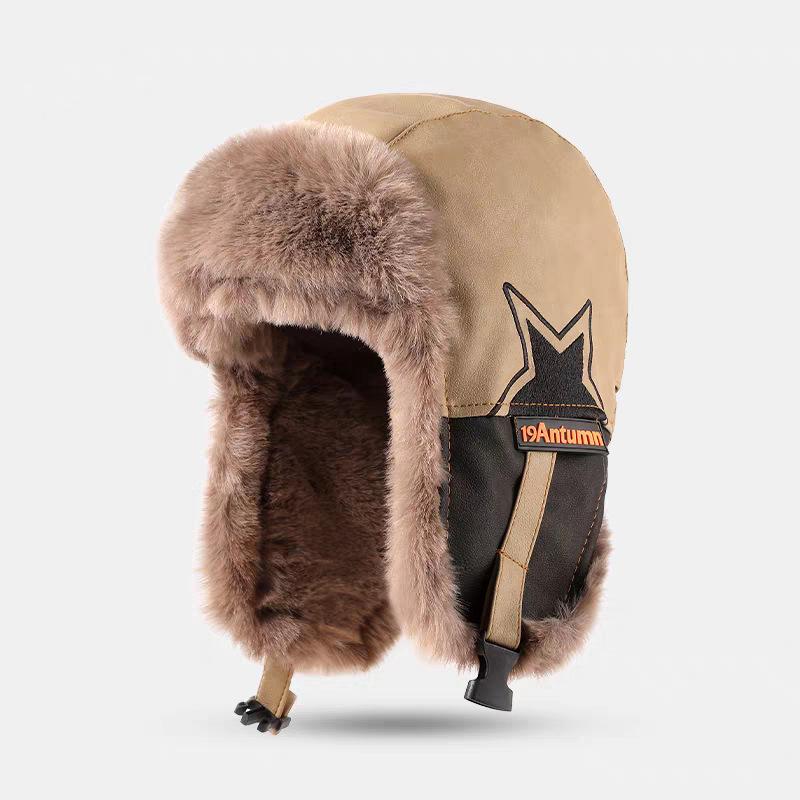 

Шапка мужская и женская зимняя бархатная утолщенная теплая велосипедная ушанка кожаная цветная пятизвездочная шапка-пилот Average size (55-60cm) хаки