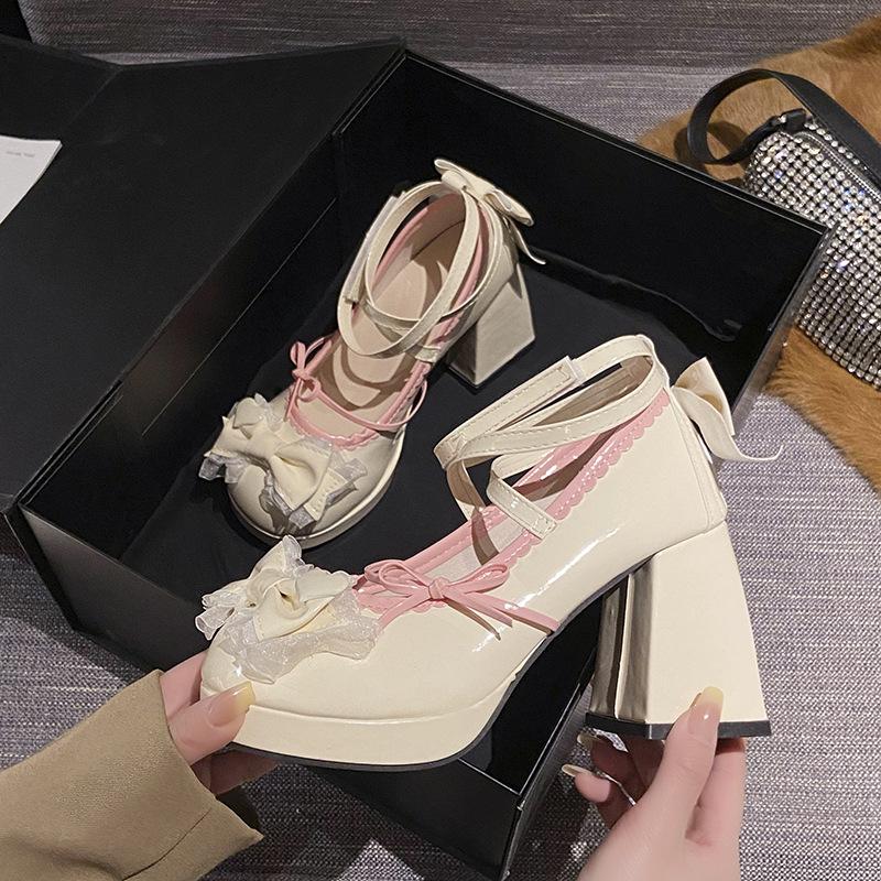Fashion Versatile White Blue Cute Bows Mary Jane Shoes High Heel Soft Sole Shoes Women's 2025 Round Toe Thick Heel Lolita Pumps Fashion