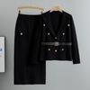 Women's Spring & Autumn High-End Knit Suit Set with Slimming Collar Coat & Hip Wrap Skirt