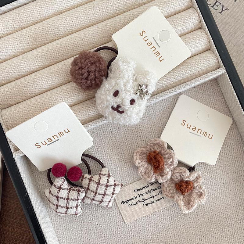 Korean Caramel Color Plush Rabbit Hair Tie & Flower Plaid Star Clip Set for Kids