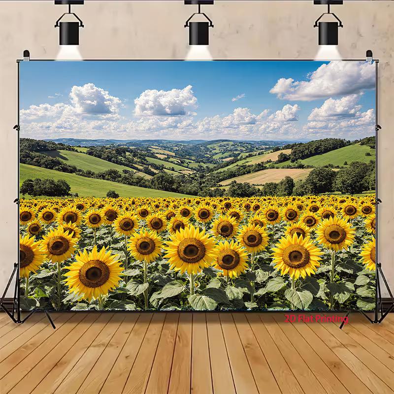 2D Sunflower Field Photography Backdrop Blue Sky Green Hill Photo Background for Party Studio Decor