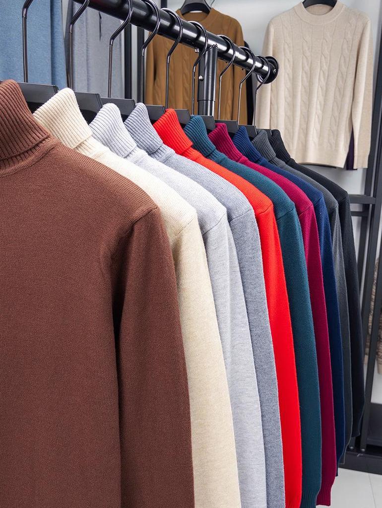Suéter Masculino de Cashmere Liso com Gola Alta - Camada Base Malha Fashion com Manga Longa