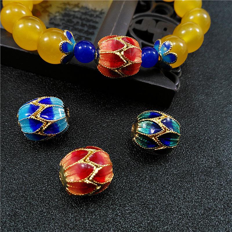 Cloisonné Agate & Amber Beeswax Bracelet with Jadeite & Pure Copper Enamel Beads