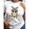 Women Whimsical Owl Graphic Tee Crew Neck Short Sleeve Leopard Bow Clouds Spring Summer Fall Casual Harajuku Top