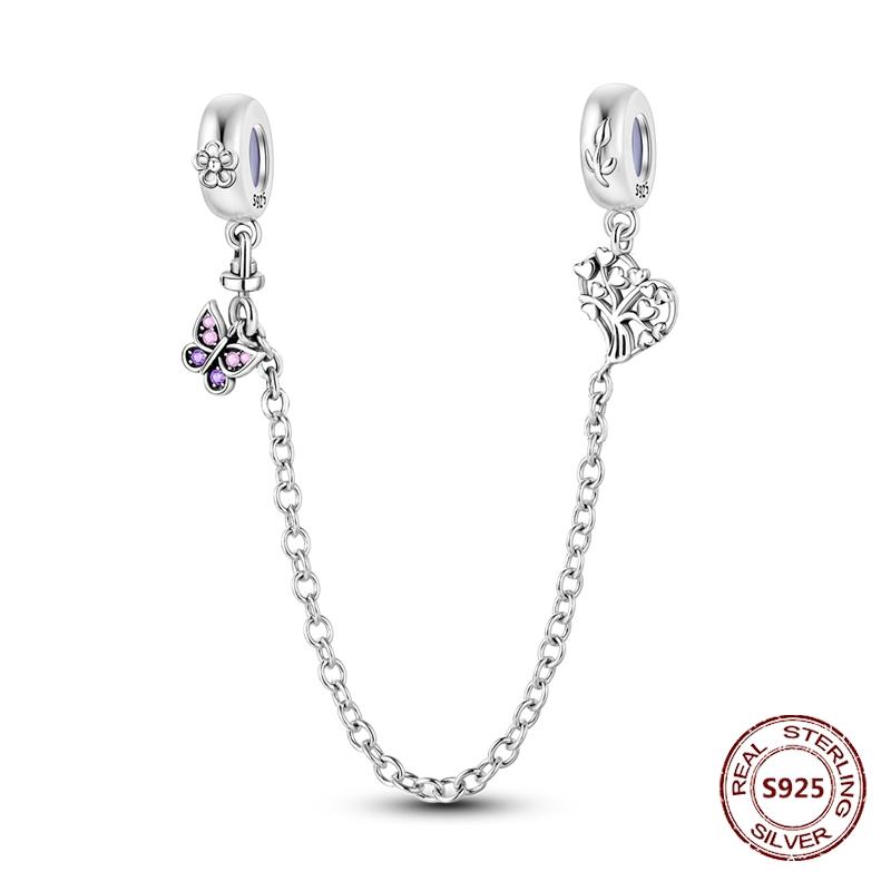 Butterfly Charm copper Authentic Pink Blue Zircon Fly Butterflies Safety Chain Clip Charm Bead Charms Compatible With Bracelets Do It Yourself Jewelle