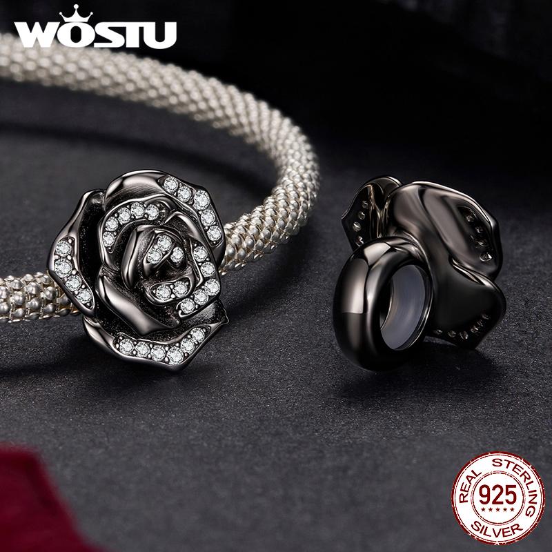 WOSTU 925 Silver Vintage Gothic Black Rose Flower Heart Beads, Retro Pearl Pendant Rainbow Charms Fit DIY Jewelry Make