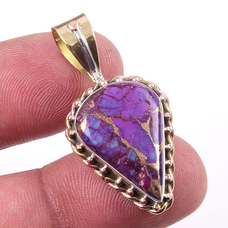 

Natural Purple Turquoise Gemstone 925 Sterling Silver TwoTone Pendant 1.50 h1o14