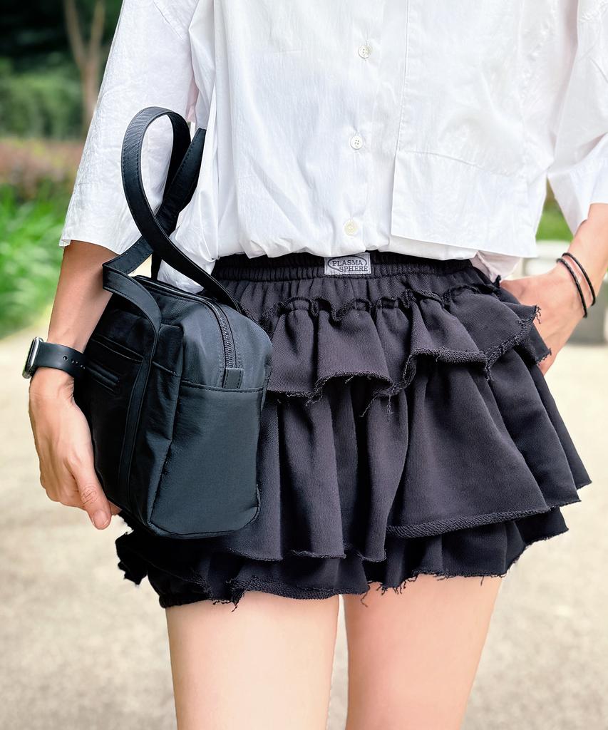 PLASMA SPHERE Tutu Tiered French Ferry Shirred Tiered Mini Skirt Pants_Black