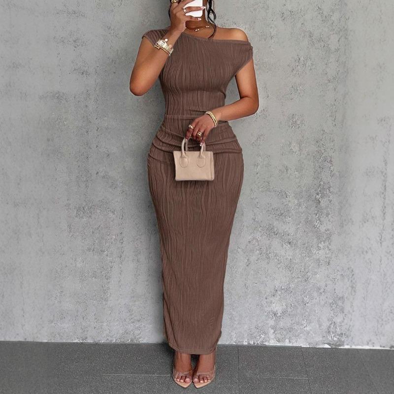 New, Cute Fashion Water Ripple Slanted Shoulder Dress In Stock