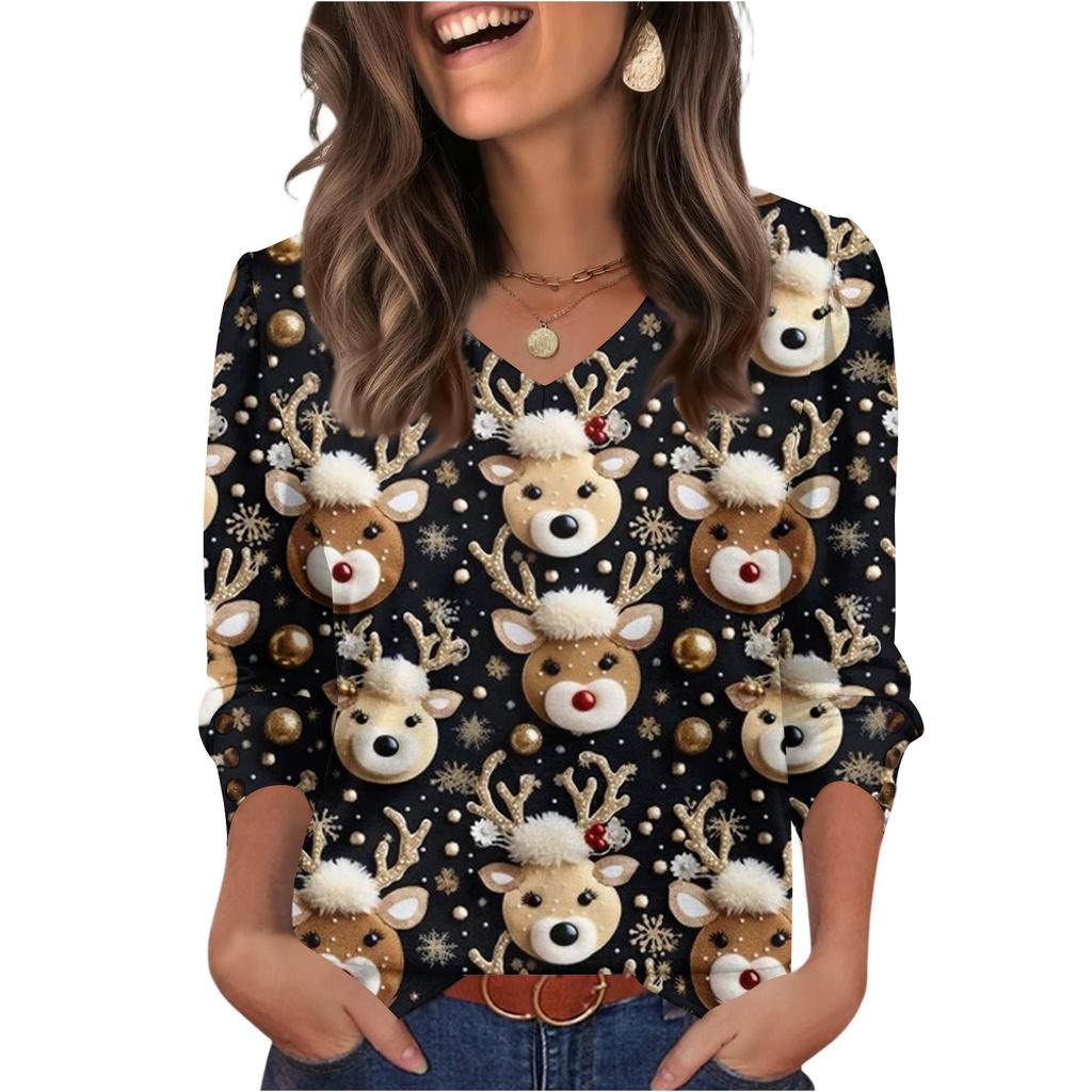 Women's Fashionable Casual Christmas Printed V-neck Top