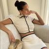 Women 2 Piece Set Polo Neck Button Shorts Crop Tops+Mini Skirts Matching Stretch Elegant Streetwear Outfits Short Skirt Set