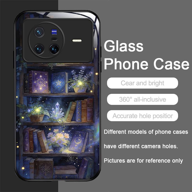 

Purple Crystal Bookshelf Pattern Tempered Glass Phone Case for OPPO Reno 13 F 12 11 10 Pro Plus Find X8 X3 Lite A58 A78 5G Cover Oppo A60 4G