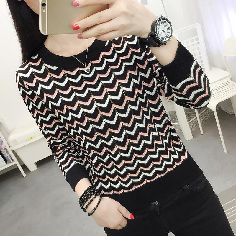 Fashion Knitted Short Sleeve Women's Autumn Winter T-shirt Round Neck Soft Stripe Sweater Top