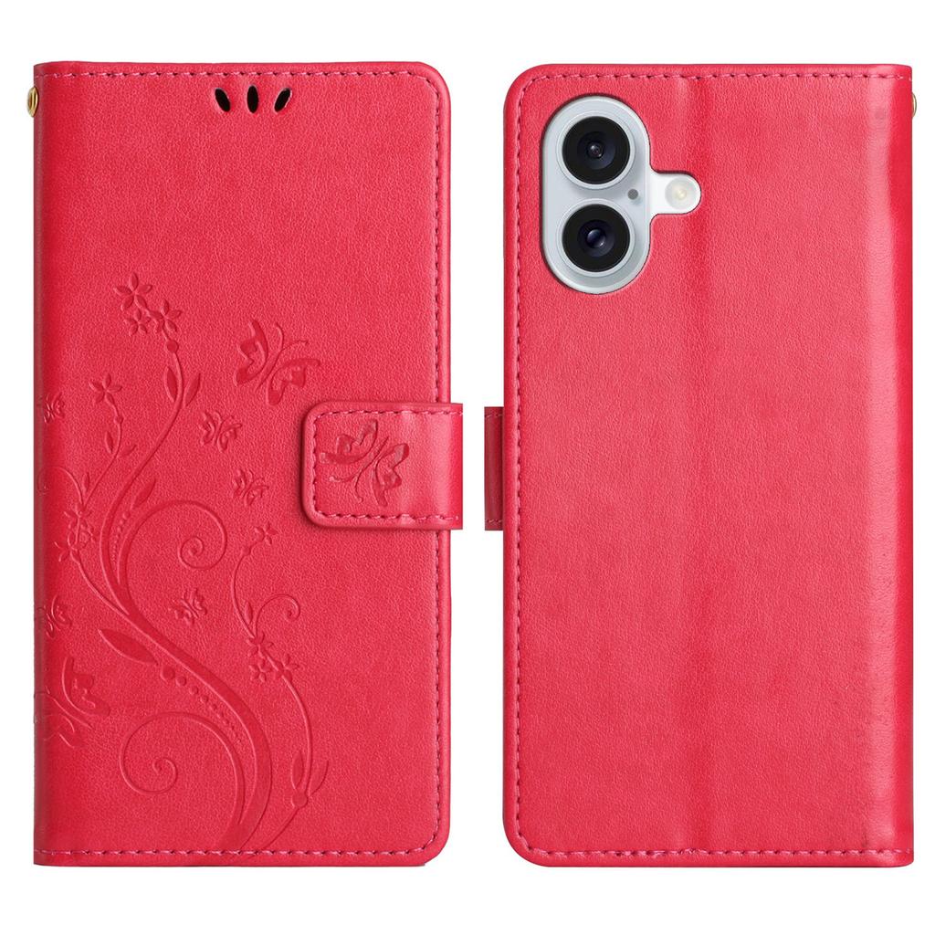 For iPhone 17 Leather Wallet Case Butterfly Flower Imprinted Phone Cover with Strap