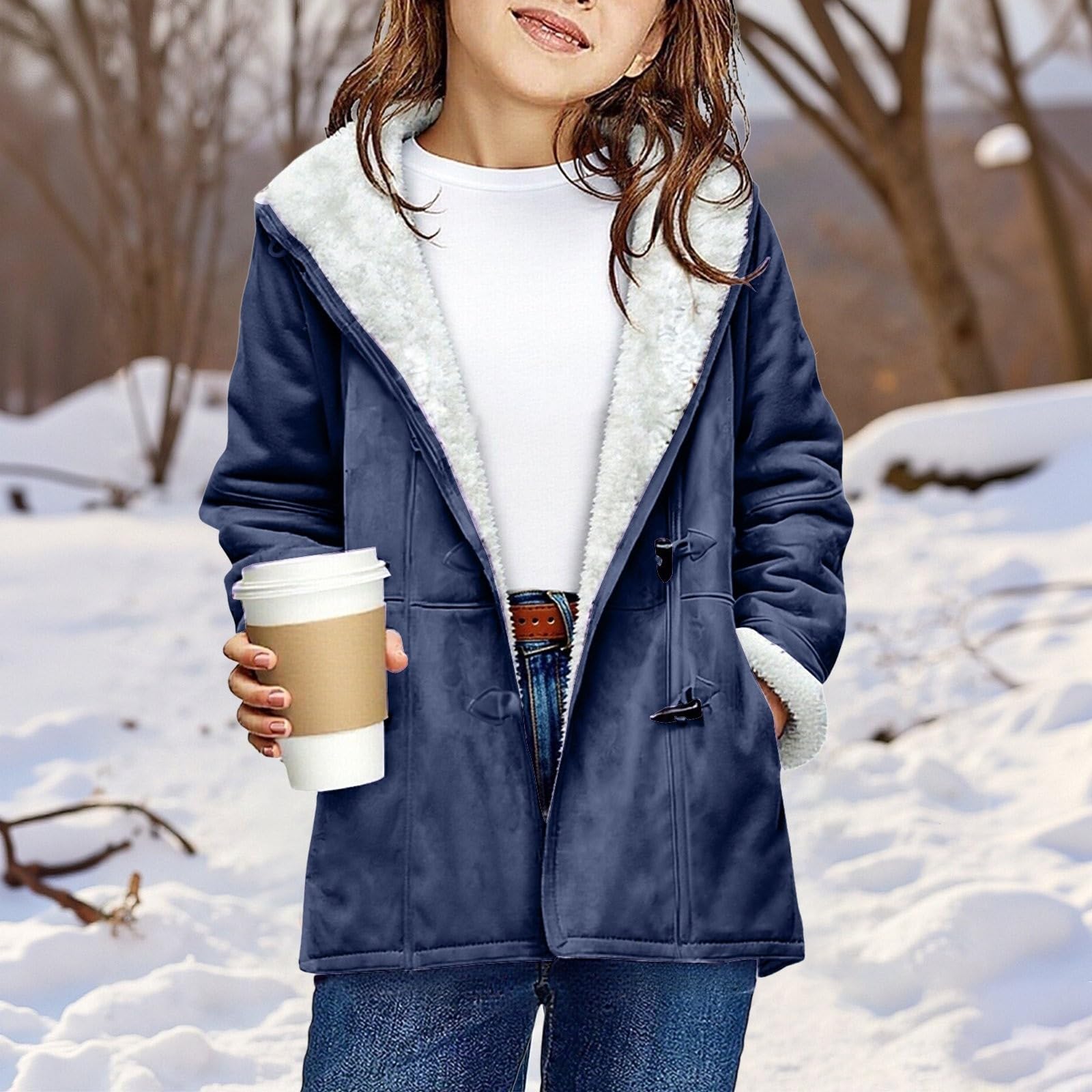 

Kids Fashion Solid-Color Cute Hooded Jacket Warm Long-Sleeve Coat For Fall And Winter 150 тёмно-синий