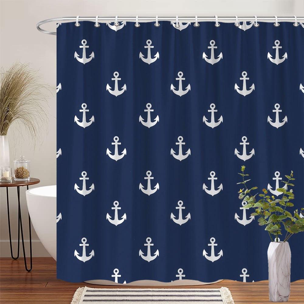 Mörkblå Ankare Duschdraperi - Klassiskt Sjöfartstema, Vita Ankare på Djupblått, Polyester med 12 Krokar,