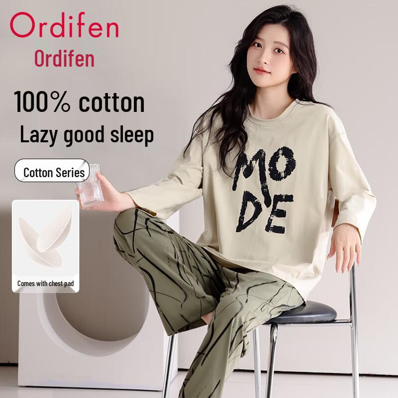 Audifen Women s 100% Cotton Long Sleeve Pajama Set with Chest Pads M
