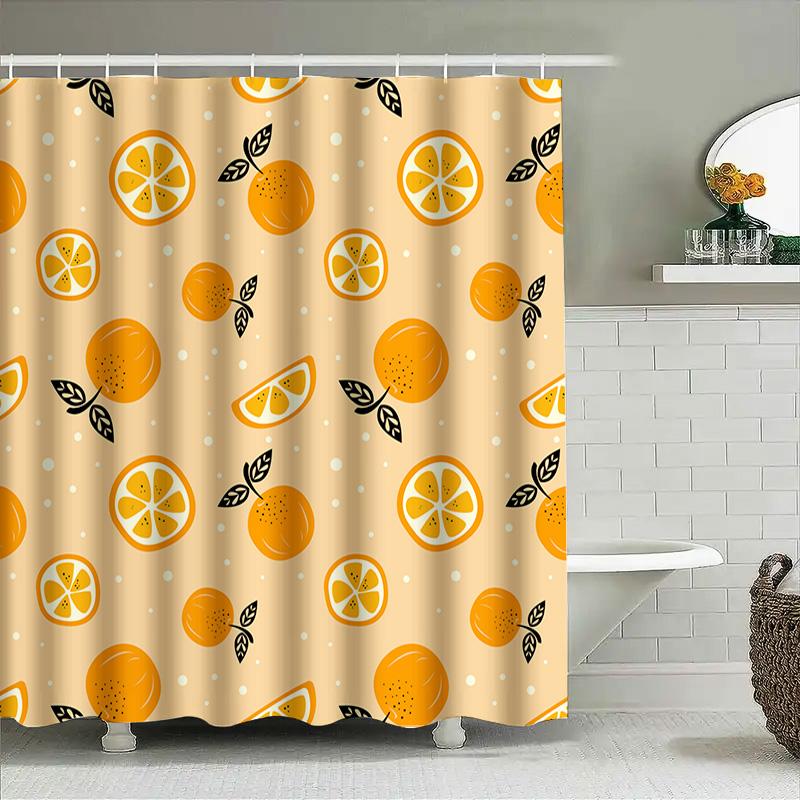 Modern Style Lemon Print Bath Shower Curtain Set for Bathroom Decor Orange Yellow Floral Pattern Made with Waterproof Polyester
