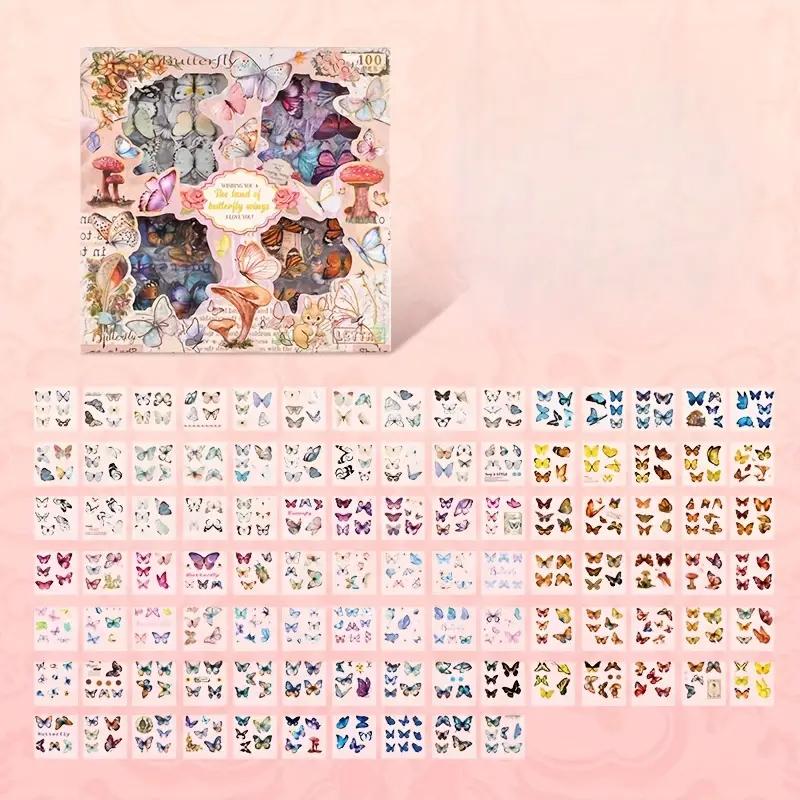 100 Sheets Vintage Butterfly Waterproof PET Journal Stickers, Self-Adhesive Reusable Shimmery Irregular Shaped Decals Stationery