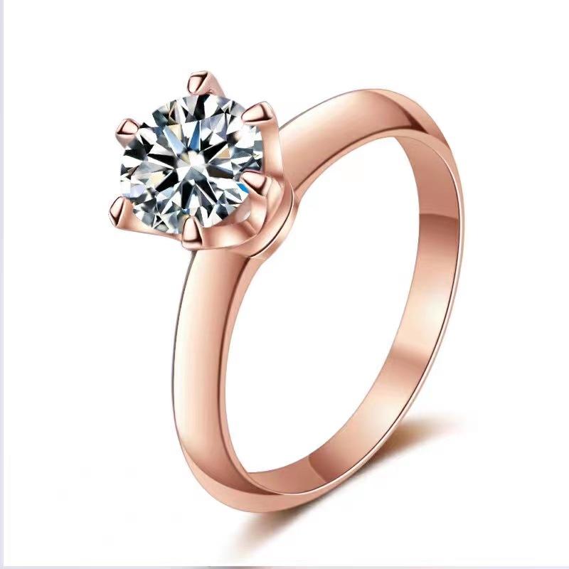 

6.5mm Rose Gold Plated Round Cut Six Prong Solitaire Moissanite Engagement Ring S925 Sterling Silver For Women US Size 9 білий