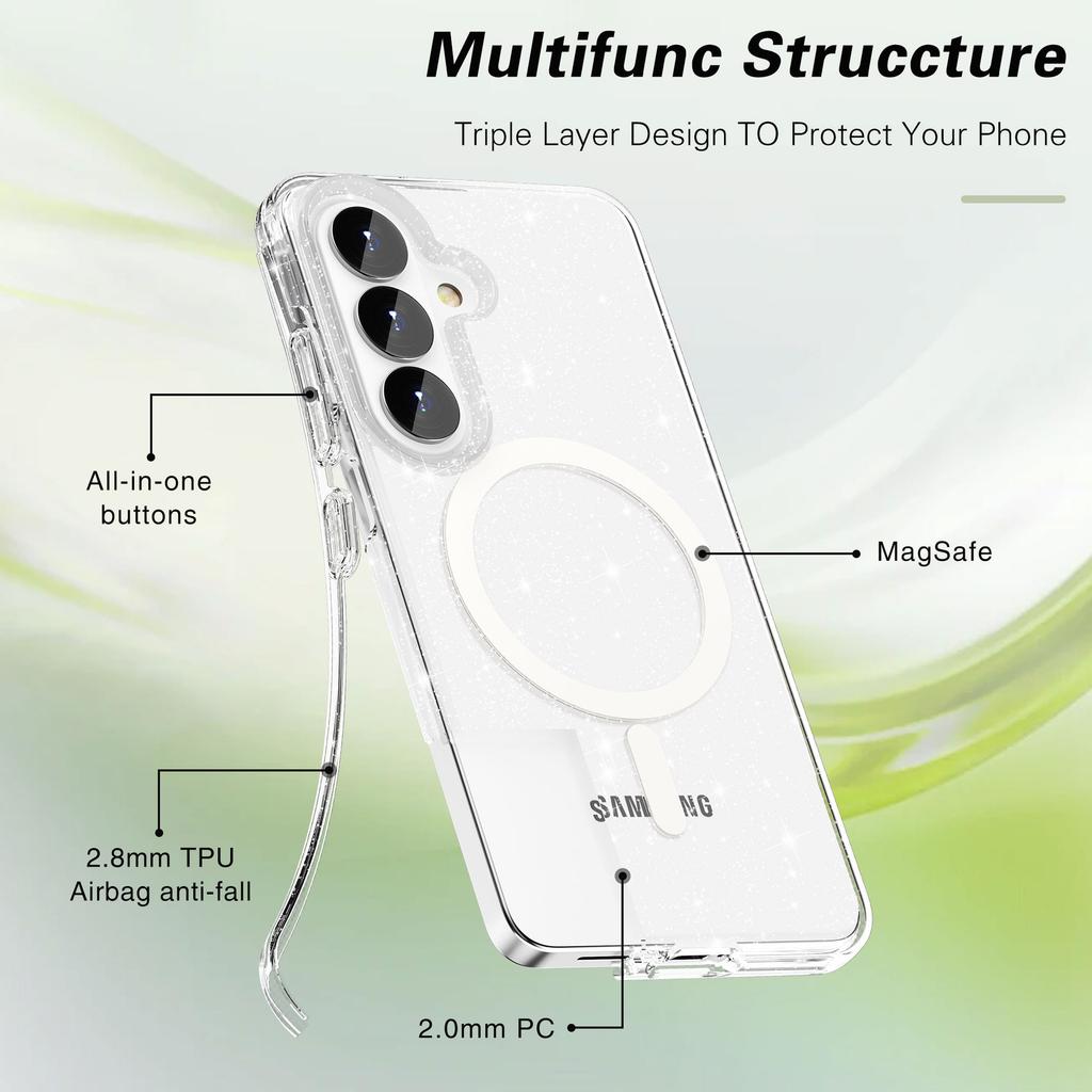 The new Samsung S26Plus magnetic mobile phone case is suitable for thickened Terminator transparent glitter MagSafe anti-drop case.