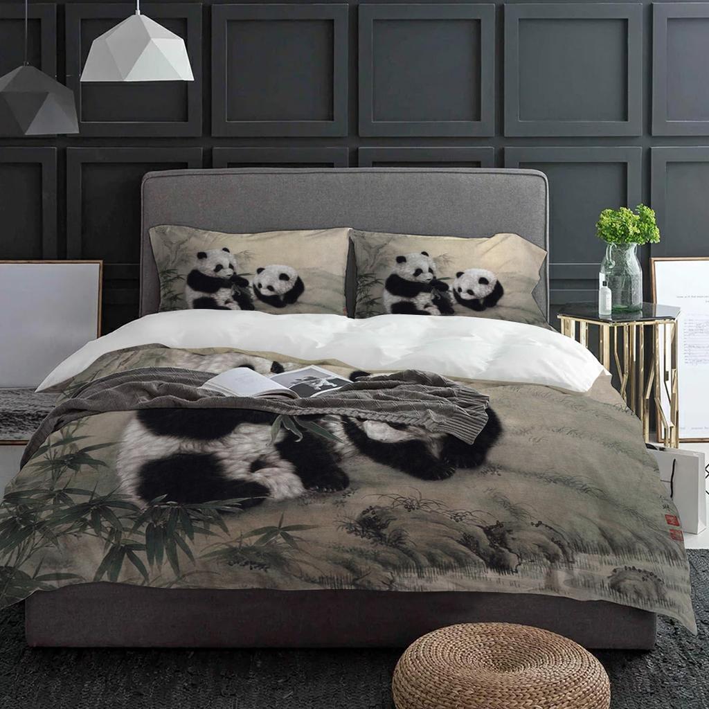 Animal Panda Bamboo Ink Painting Duvet Cover With Pillow Case Custom 3pcs Bedding Set Quilt Cover Double Bed Home Textile