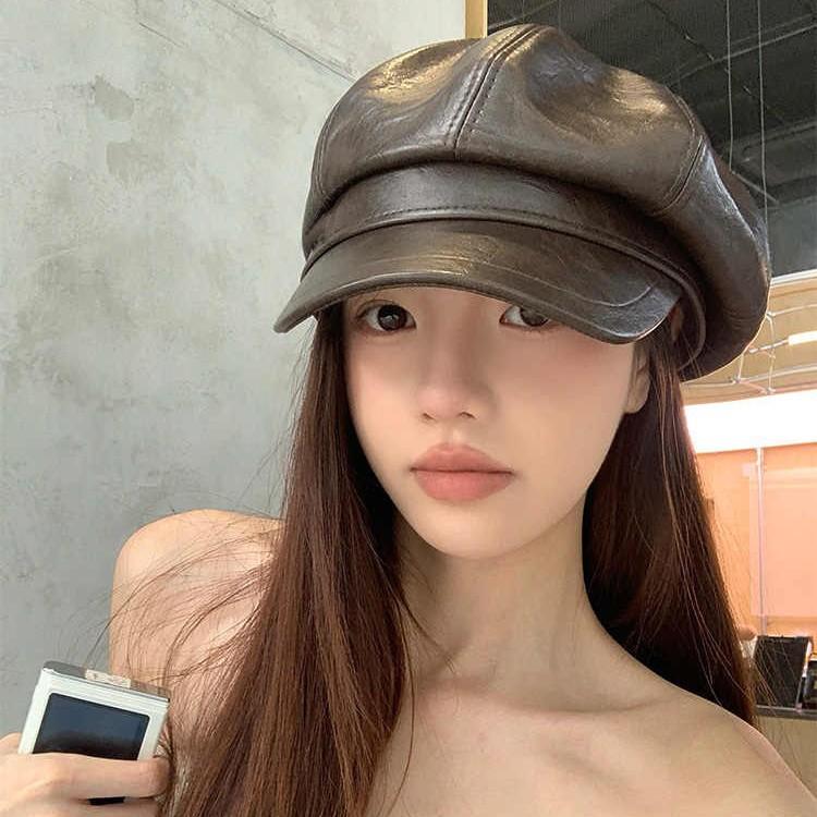 Korean PU Leather Beret - Octagonal Peaked Hat for Women, British Style Painter Cap Autumn Winter Fashion