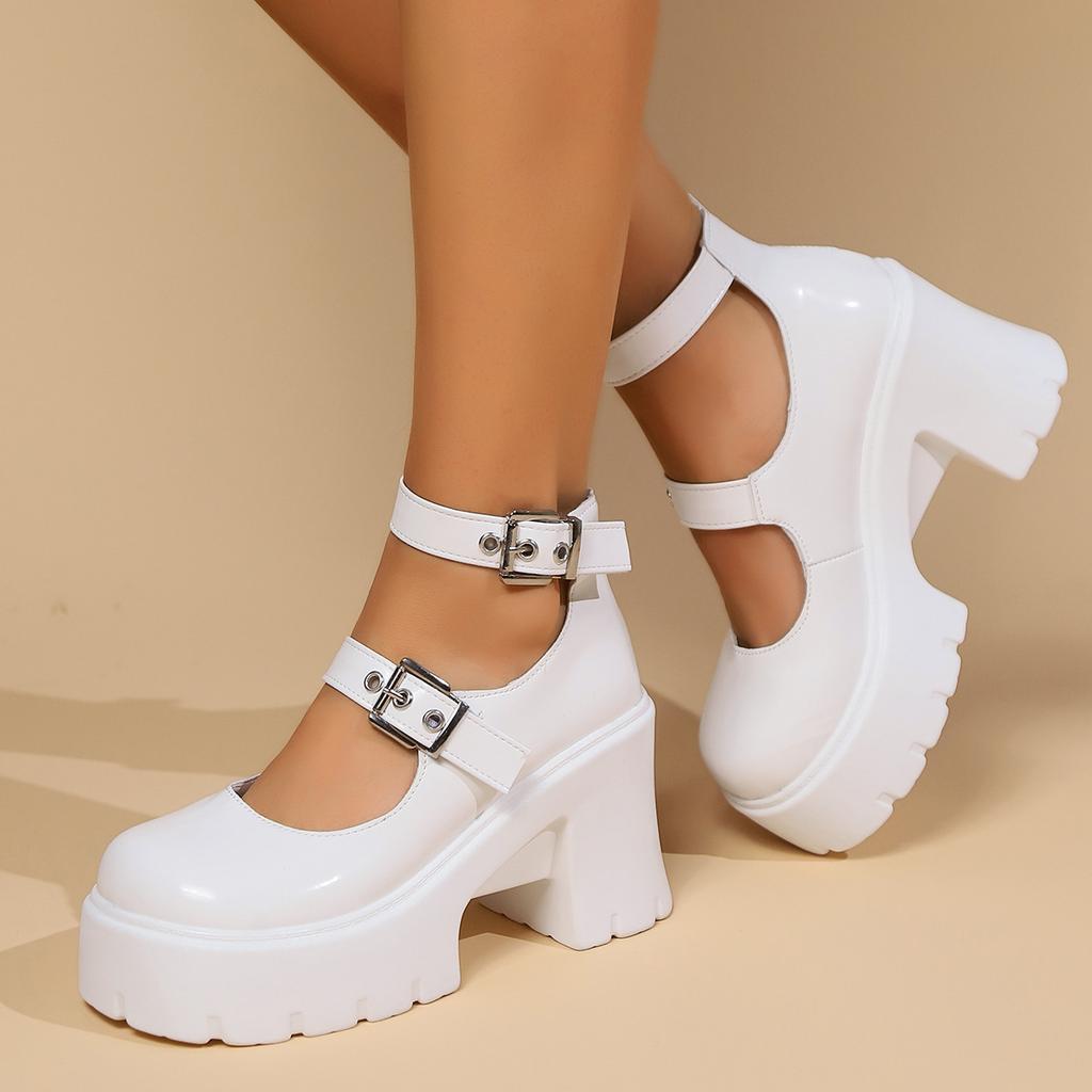 Comemore Gothic Chunky Platform Pumps for Women Super High Heels Ankle Strap Mary Jane Shoes Woman Patent Leather Women Heels