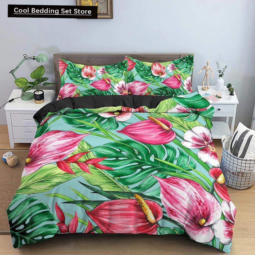 Comforter Flowers King Queen 3D Colorful Floral Printed Polyester Bedding Set For Teens Adults Women Leaves Soft